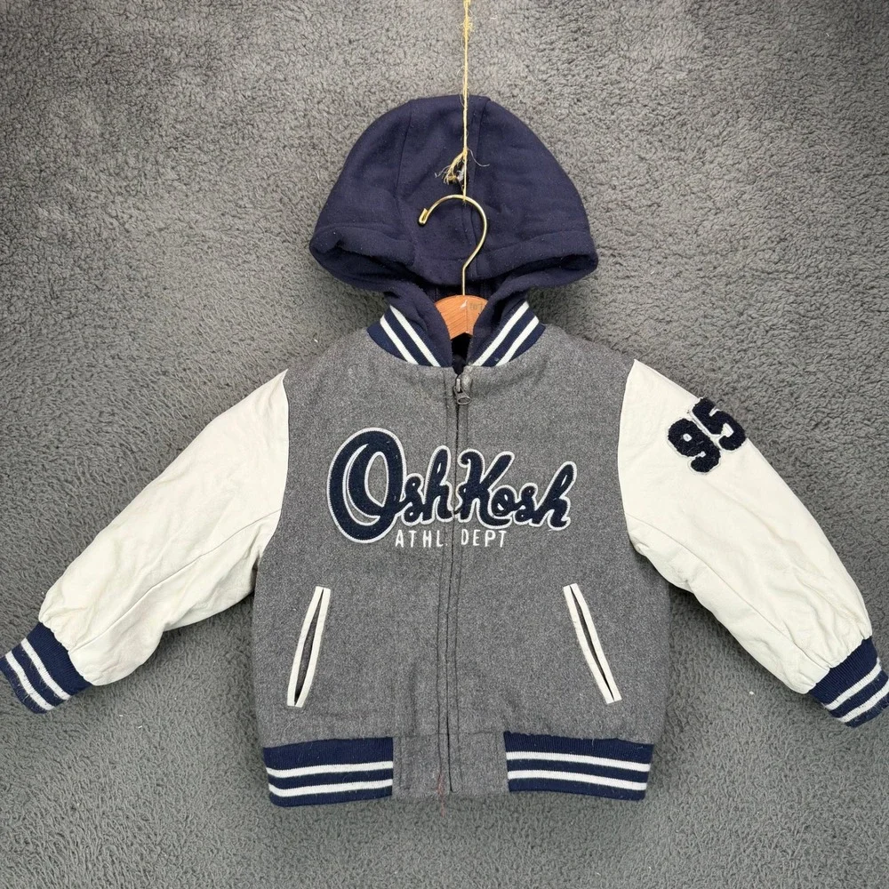 OshKosh Boys 3T Gray Navy Blue Varsity Letterman Jacket Hooded B218JS1-SA